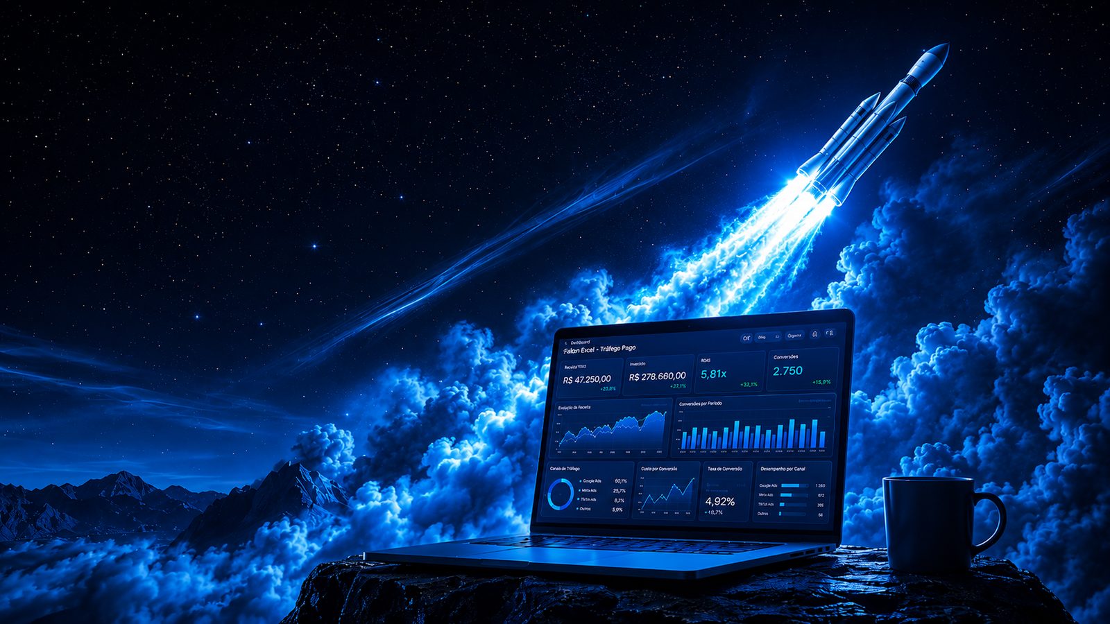 Foguete azul decolando ao lado de um laptop que exibe um painel de tráfego pago